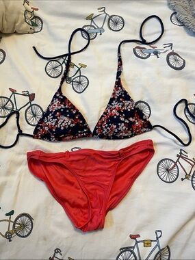 7/$20 Garage Navy Floral Triangle Bikini Top with Coral Bottoms 7/$20